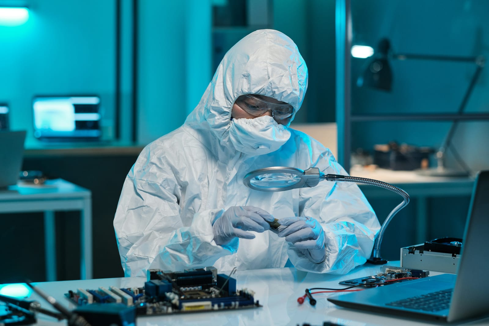 Engineer in cleanroom coveralls working at a bench